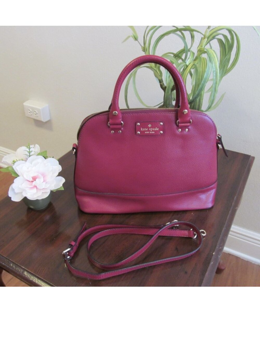 Kate Spade New York Burgundy Leather Dual Handles Shoulder Bag Removable Strap